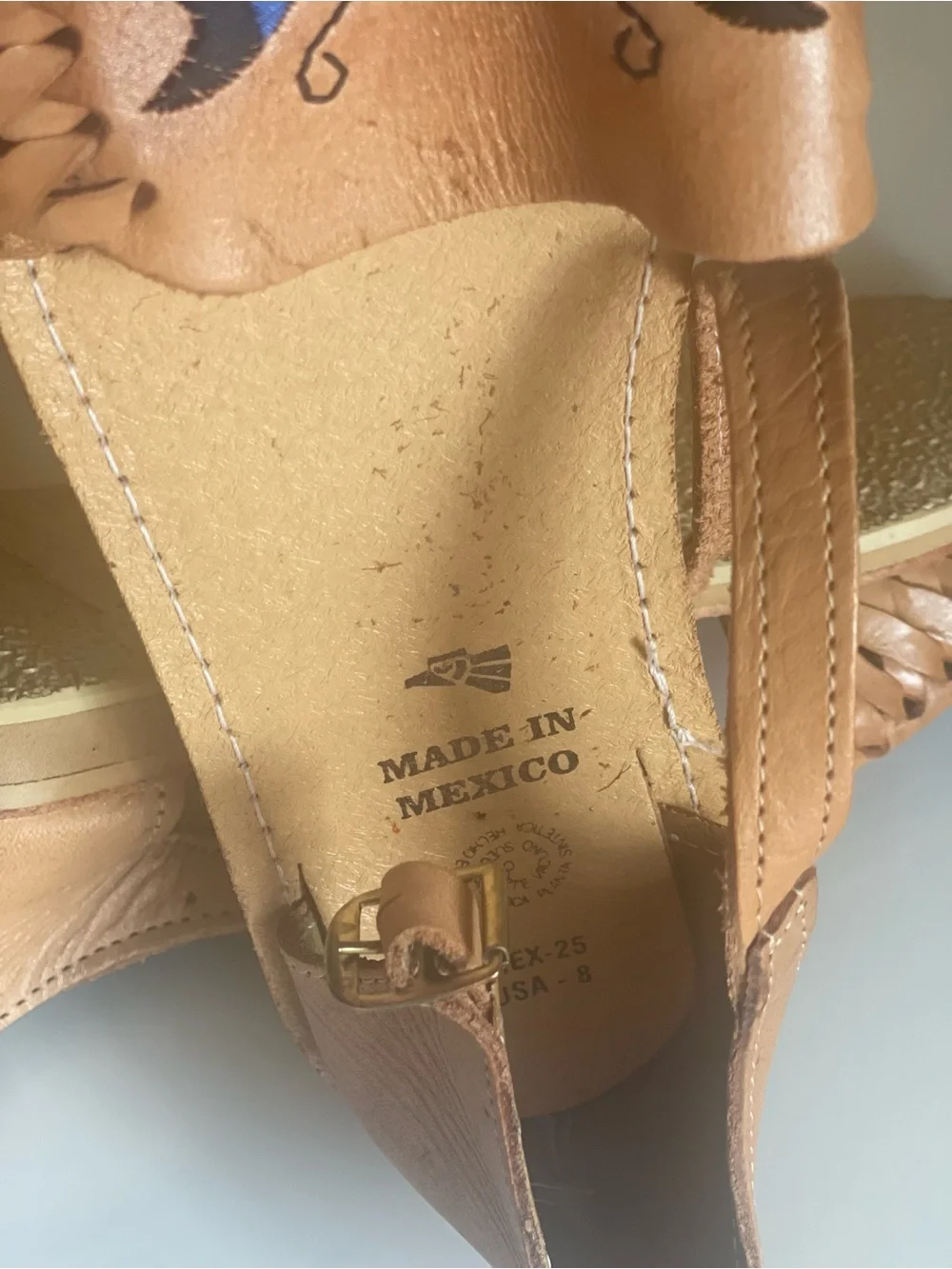 Tan Leather Women’s Espadrilles with Blue Butterfly Embroidery